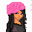 Pixel art contact sheet showing three frames of an animated character with pink hair and black/pink clothing, accompanied by visible text elements on a dark background.
