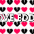 Pixelated of alternating red and black heart shapes with partial text overlay reading "LOVED" on a white background