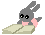 Pixel art contact sheet of a gray rabbit character reading a book across 10 animated frames with closed eyes and pink accents on a gray background.