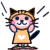 Pixelated cartoon character with cat ears, yellow dress, and white heart symbol on chest; pink cheeks, blue eyes, smiling mouth, raised hands, black tail, gray background.