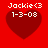 Red background with four identical pixelated red hearts, each containing white text reading "Jackie<3" and "1-3-08".