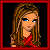 Pixel art of nine showing a female character in red attire and animated text variations on black backgrounds