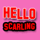 Hello Scarling text in red with black and white outlines above a Hello Kitty character holding a blue object on pink background.