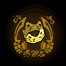 Animated circular icon with golden-yellow symbols and text on dark background, showing sequential motion of central elements.