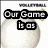 Four- of volleyball-themed text overlays on a white background with a partial volleyball image, each displaying different black-and-white text