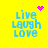 Yellow background with blue pixelated text 'Live Laugh Love' in four quadrants, each featuring a different pink pixel art symbol above the text.