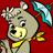 Pixelated cartoon bear with flower in hair holding axe and yellow object against red background