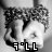 Black-and-white pixelated image of a person in a patterned top with text overlays changing across frames.
