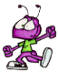 Purple cartoon character with antennae, green shirt, purple pants, and white sneakers in four sequential poses showing walking motion.
