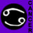 Static pixelated icon featuring a black circular shape with white spiral patterns on a purple background, accompanied by vertical text on the right side.