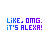 Three identical pixelated text-based icons display "LIKE, OMG. IT'S ALEXA!" in blue and purple lettering on a gray background.