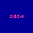 Pixelated pink text 'addie' on a blue background with red circular glow effects in four distinct arrangements.