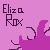 Pixelated text 'Eliza Rox' in dark purple on pink background with abstract magenta shapes below.