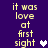 Pixelated text reads "it was love at first sight" with a heart symbol, displayed in two identical vertical on a dark purple background