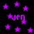 Purple star shapes and the text 'jen' repeated across a black background in a static pixelated pattern.