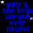 Blue pixelated text on black background reads "sam's the best person ever made!" with scattered white and gray stars, one gray rectangle in bottom-right corner.