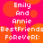 Pixelated text on a pink background with orange circles, repeating 'Emily And Annie BestFriends Forever!:' in two