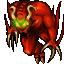 Red devil-like creature with curved horns, green chest emblem, and clawed hands in two poses against gray background.