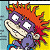 Pixelated cartoon character with orange spiky hair and purple mask on left, green text "Original Icons .com" on dark green background right, arranged in 2x1 contact sheet layout.