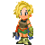 Pixelated character with blonde hair and green armor, standing in four sequential poses showing eye closure and slight head tilt changes.