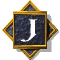 Four diamond-shaped icons with gold borders display letter 'J' and 'D' in pixelated style on dark textured backgrounds.