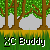Pixelated forest scene with multiple stick-figure characters in red, yellow, and blue clothing performing actions like holding objects or interacting.