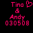 Pixelated pink text and symbols on black background: 'Tina' with heart symbol, '&', 'Andy', '030508'.