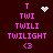 A dark red background displays pink text reading T, TWI, TWILI, TWILIGHT and a heart symbol in the top . The second shows an animated white pixel cluster replacing the heart symbol