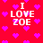 Red background with scattered purple hearts and white text reading "I LOVE ZOE" in pixelated font.