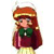 Pixelated character with long brown hair wearing a red and yellow striped hat, green scarf, and maroon coat against a white background.