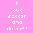 Four pink square with white pixelated text reading "I love soccer and dance!!!" each bordered by thin light pink lines