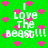 Green background with pink heart pixels and white text reading "I Love The Beast!!!" in pixelated font, repeated across the image.
