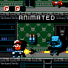 Pixel art scene with two characters firing weapons on a platform, green background with cat symbols, and 'ANIMATED' text above.
