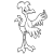 Pixelated grayscale figure with exaggerated features, standing upright, holding a curved object in one hand, wearing a tall hat and loose clothing.