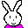 Pixelated white rabbit with pink nose and bow tie, two distinct expressions on a gray background.