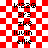 A red and white checkered background displays repeated text strings in black pixelated font with a faint pink overlay effect on the right side.