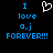 Blue pixelated text on black background reads "I love o.j FOREVER!!!" with a white heart symbol above the text.