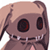 Pixelated cartoon character with brown hair, large dark eyes with red highlights, and a wide toothy grin on a white background.