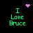 Green pixelated text 'I Love Bruce' on black background with pink heart and starburst icons.