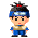 Pixelated character with black hair, blue headband, and blue outfit stands against gray background; four views show subtle facial expression changes.