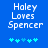 Blue background with white pixelated text 'Haley Loves Spencer' and five cyan plus signs below, showing animation changes in the plus sign positions.