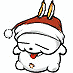 A white cartoon character in a red Santa hat with yellow pom-poms appears in three poses: smiling with tongue out, bowing with hands clasped, and holding a plunger.