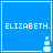 Blue square icon with white text "ELIZABETH." and a small pixelated snowman-like figure in the bottom-right corner, showing animation changes
