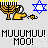 Pixel art icon featuring menorah, Star of David, and 'MUUUMUU! MOO!' text with red '.com' branding on gray background.