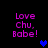 Pixelated text 'Love Chu, Babe!' in magenta appears above a blue heart symbol on a black background, with the heart's position changing across frames.