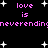 Black background with pink text and white star shapes; text repeats 'love is neverending' in pixelated font with star placements shifting across frames.