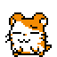 Pixel art hamster with orange and white fur, black eyes, and whiskers, displayed in a of static poses on a gray background