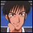 Pixelated anime-style character with dark hair and light skin resting hand on chin against blue background, next to black with white text