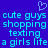 Blue background with light blue pixelated text reading 'cute guys shopping texting a girls life' and a small heart symbol above the text.