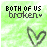 Animated contact sheet of 25 frames showing a green background with "BOTH OF US broken" text and heart outline animation.